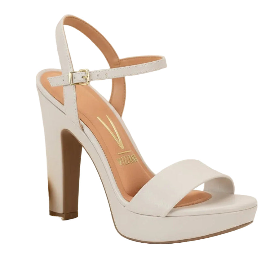 A pair of gray Vizzano brand platform sandals with ankle straps and high heels.