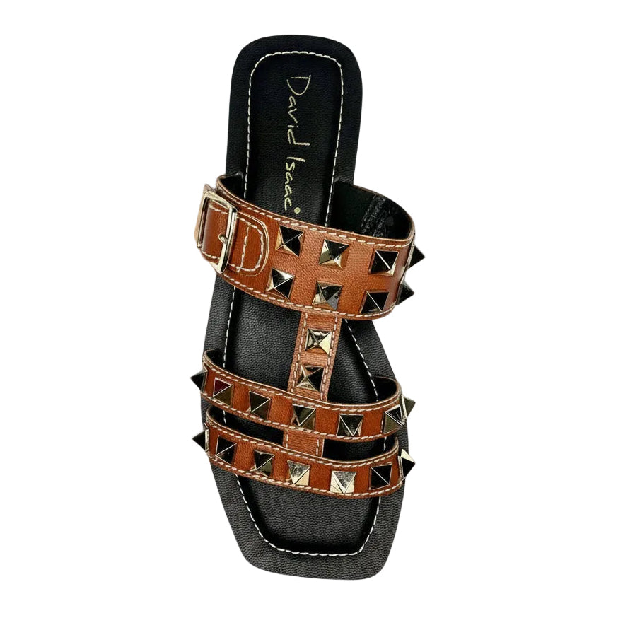 Black sandal with brown leather straps and gold studs.