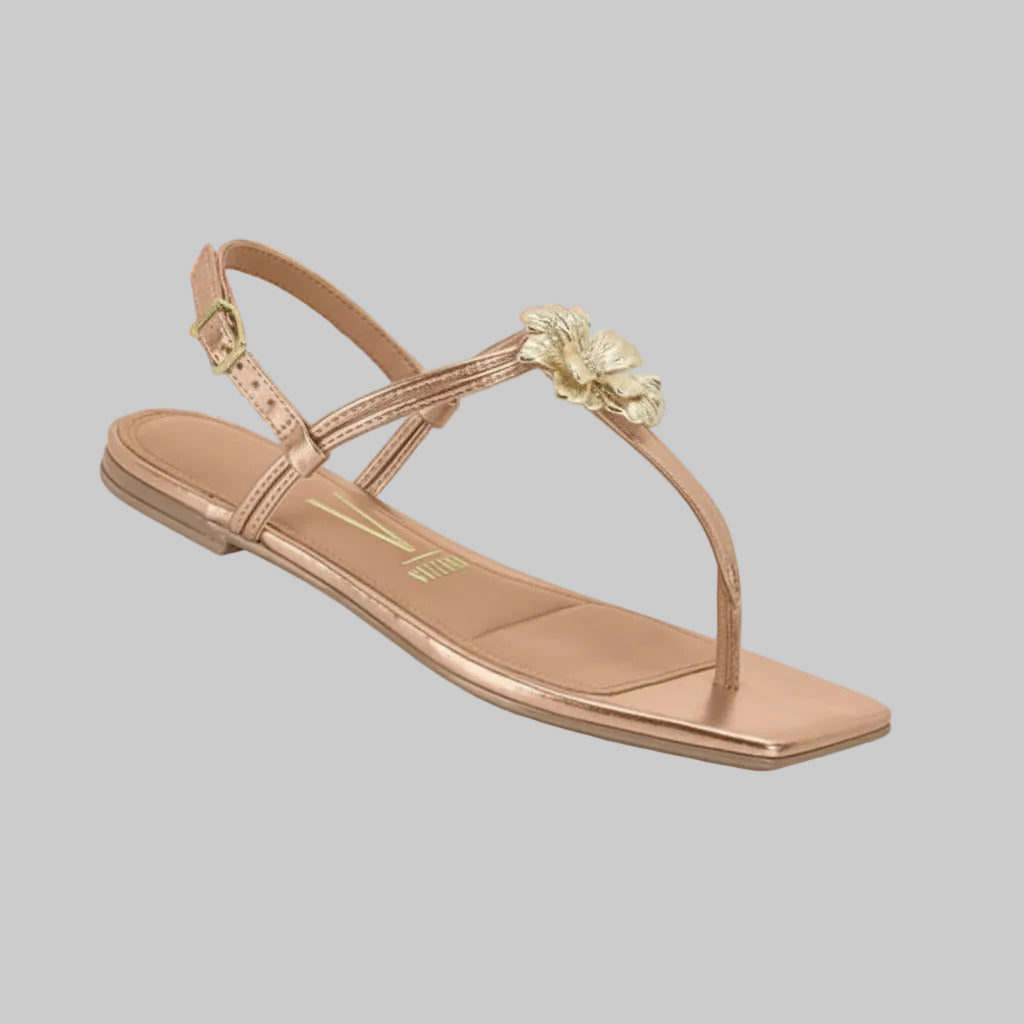 Rose gold sandal with floral detail on a white background, featuring the Vizzano brand.