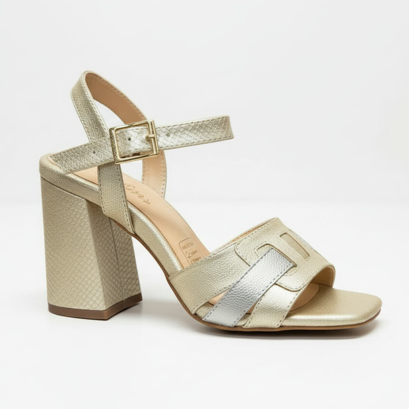 Gold high-heeled sandal.