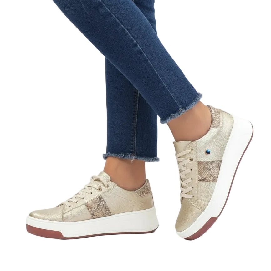 Beige sneakers with white soles