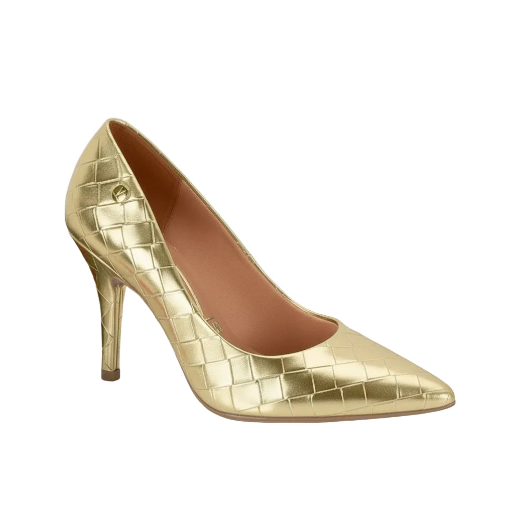A single gold high heel shoe with a textured upper and a stiletto heel design.