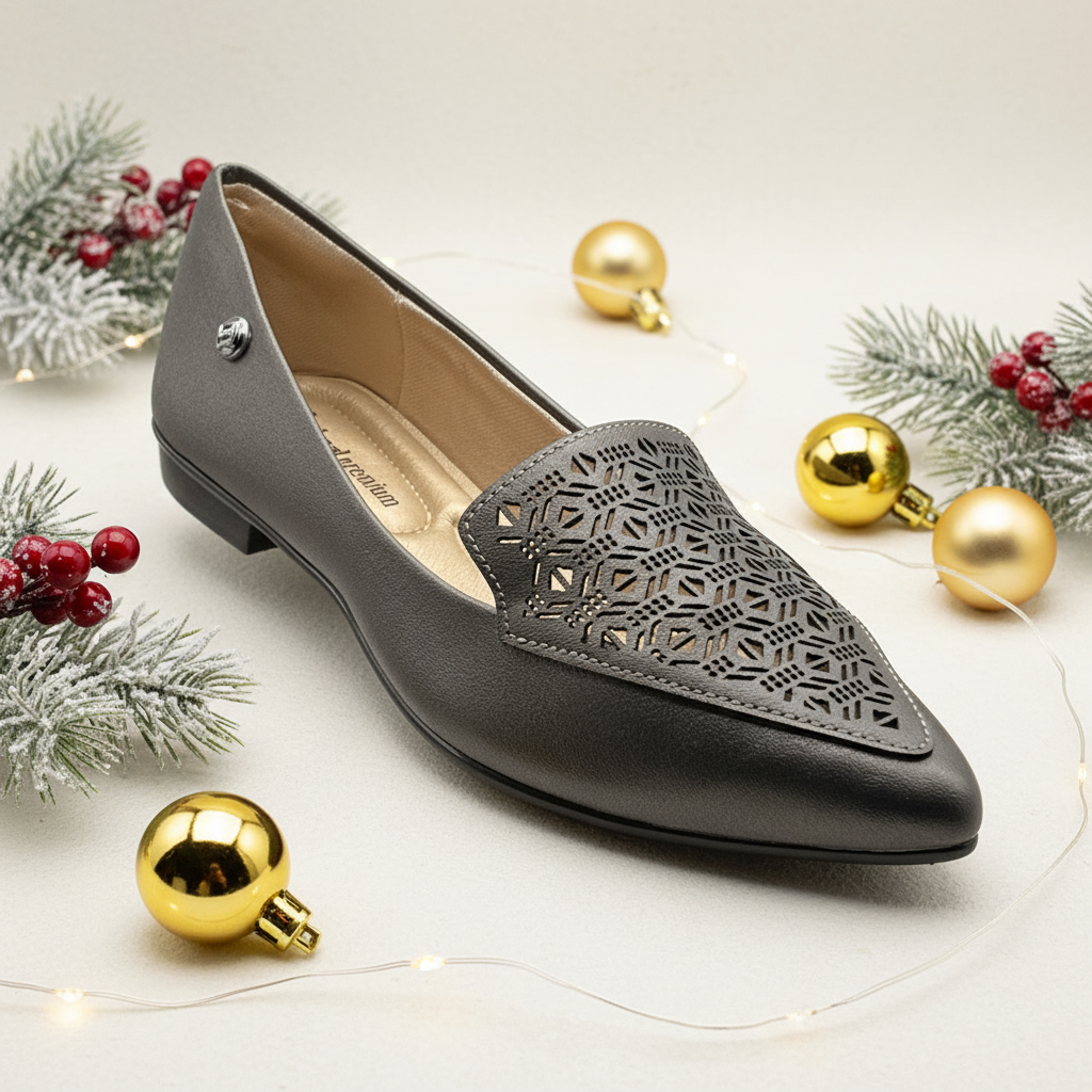 A pair of pewter-colored ballet flats with a geometric pattern on the toe and a flat, sleek sole.