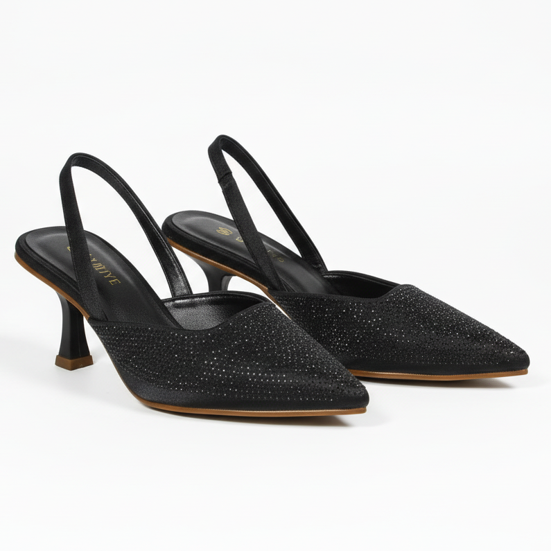 A pair of black kitten heel sandals with a textured surface.