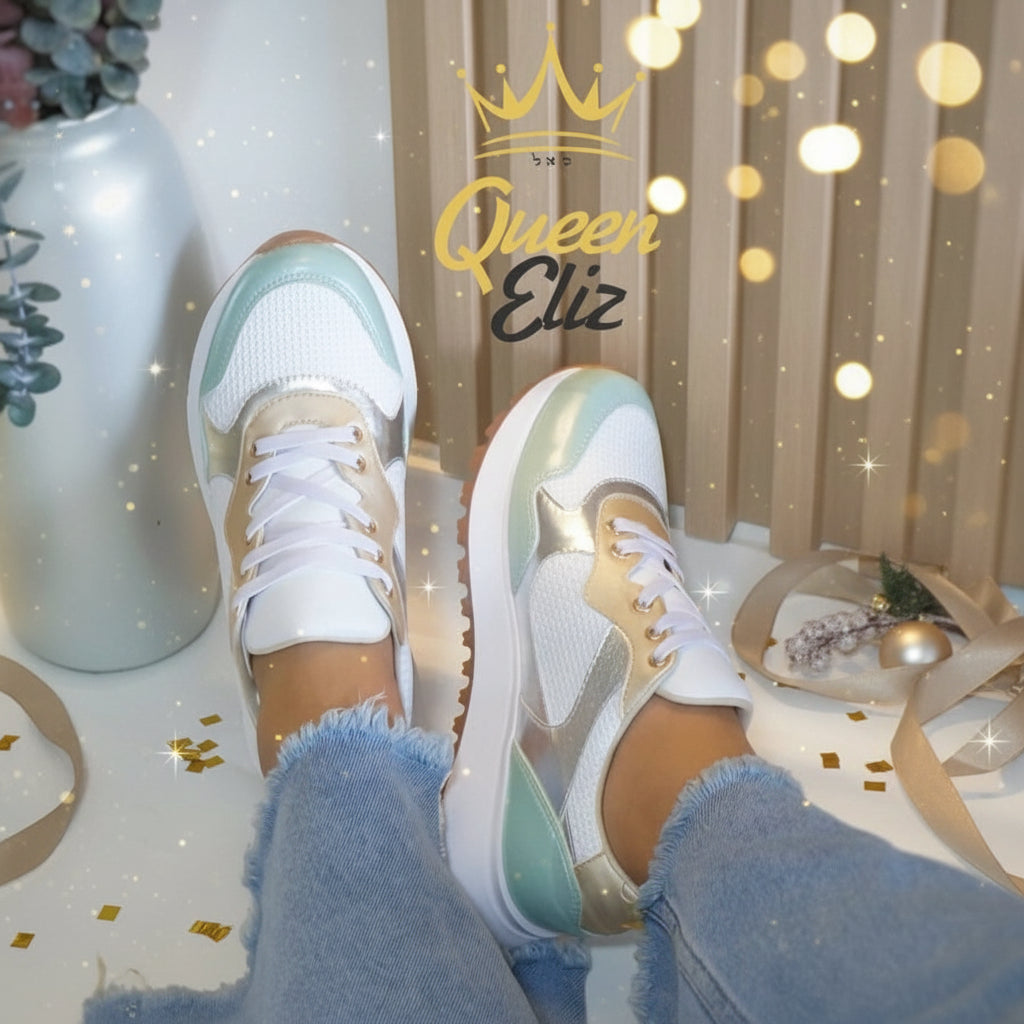 A pair of classic sneakers with mint, gold, and silver colors.
