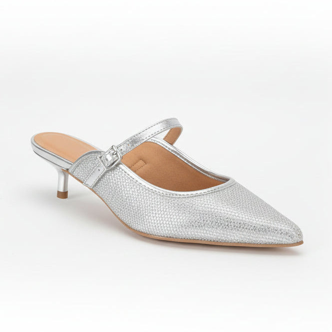 Silver glittery kitten heel shoe.