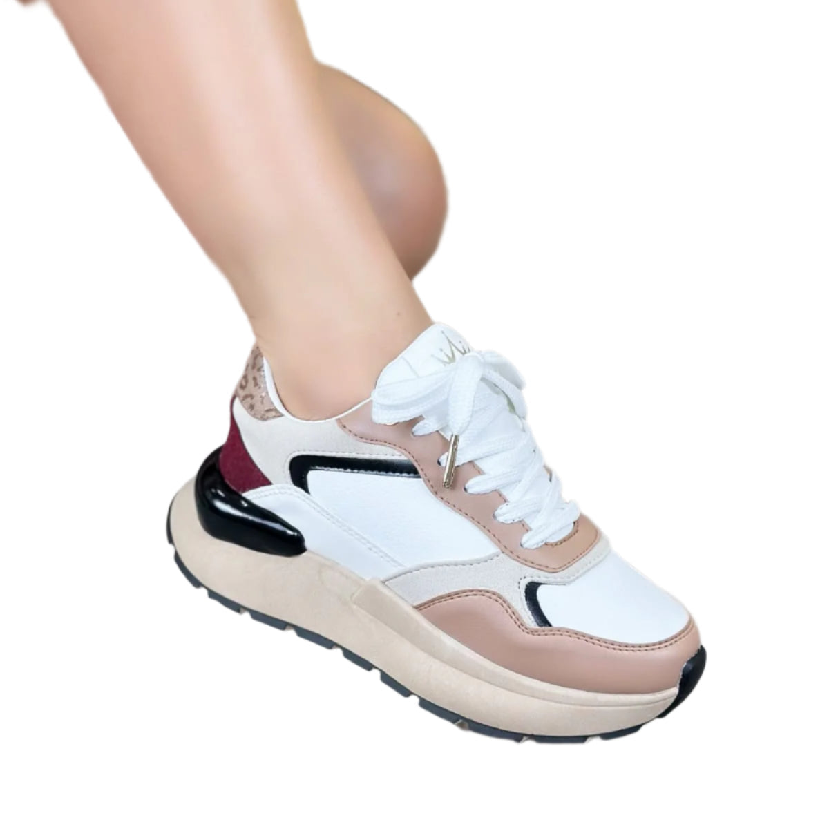 A pair of women's sneakers with a high sole, featuring white, beige, and burgundy colors, with a chunky beige sole and lace-up closure.