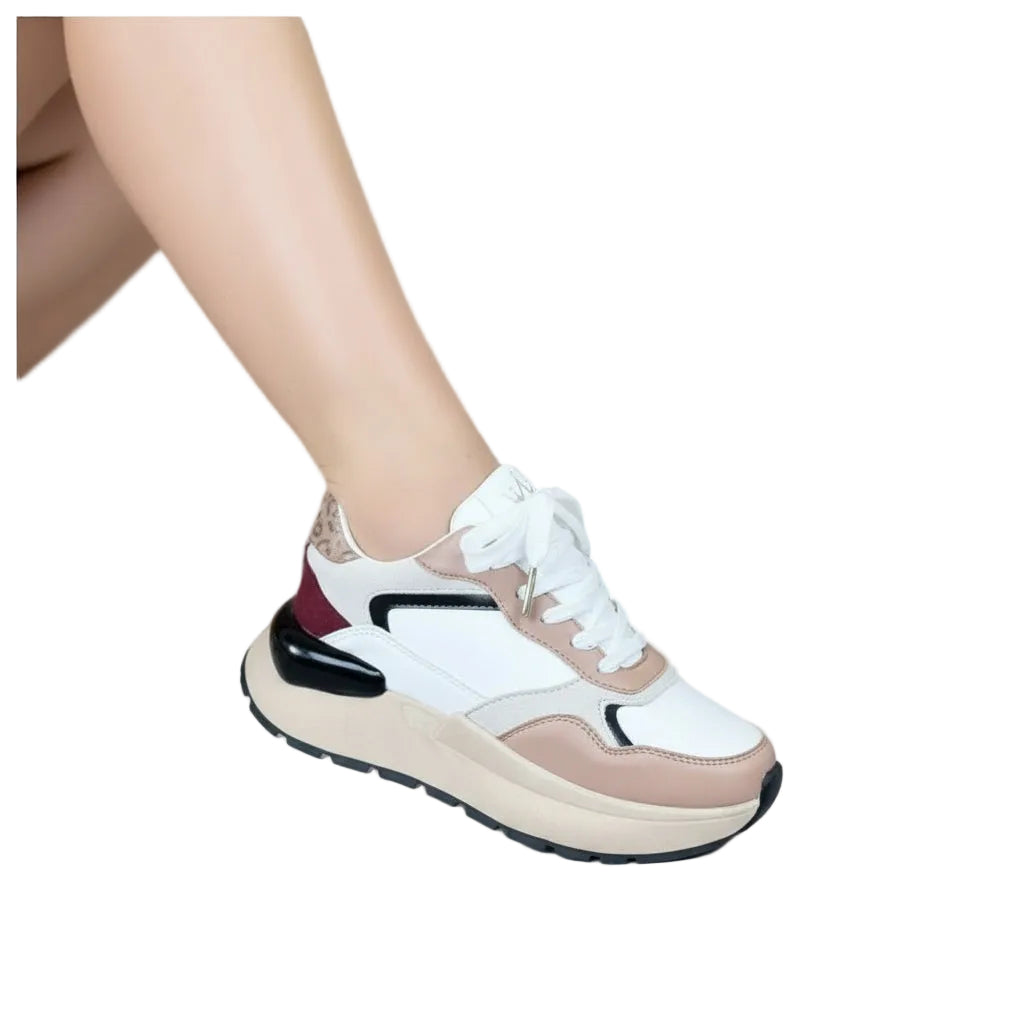 A pair of women's sneakers with a high sole, featuring white, beige, and burgundy colors, with a chunky beige sole and lace-up closure.