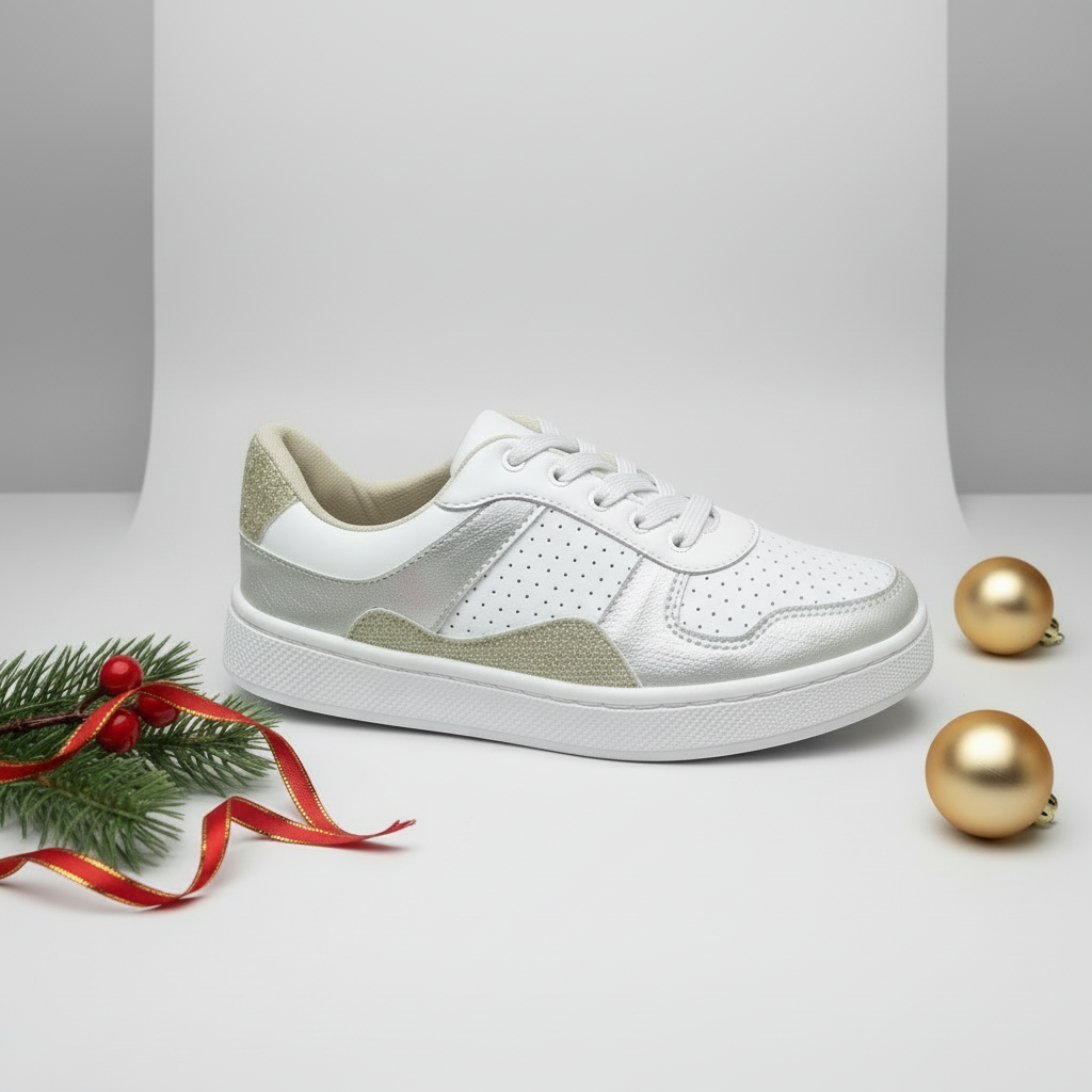 A silver and gold tennis shoe with a white sole.