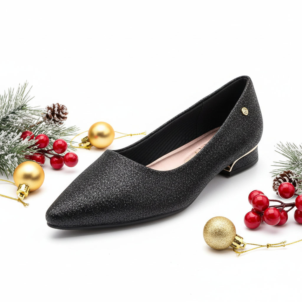 A black glittery flat shoe.