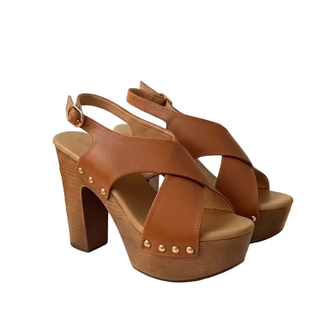 Brown high-heeled sandals.
