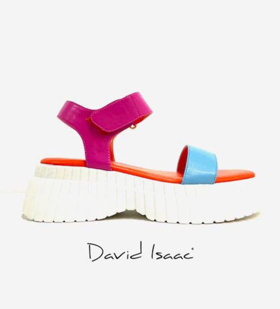 Colorful sandal with a platform sole on a white background, branded 'David Isaac'.