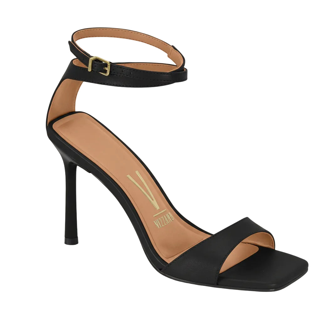A black ankle strap high heel sandalia with a simple design and buckle closure.
