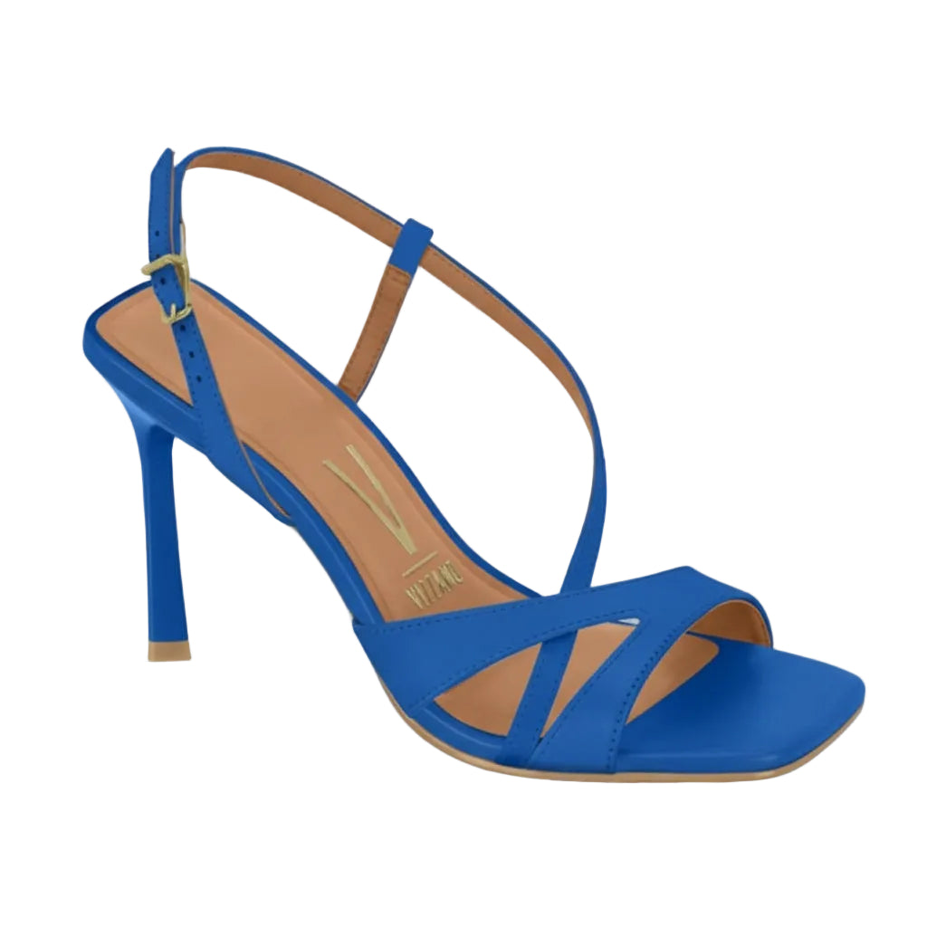 Blue high-heeled sandal with brown insole