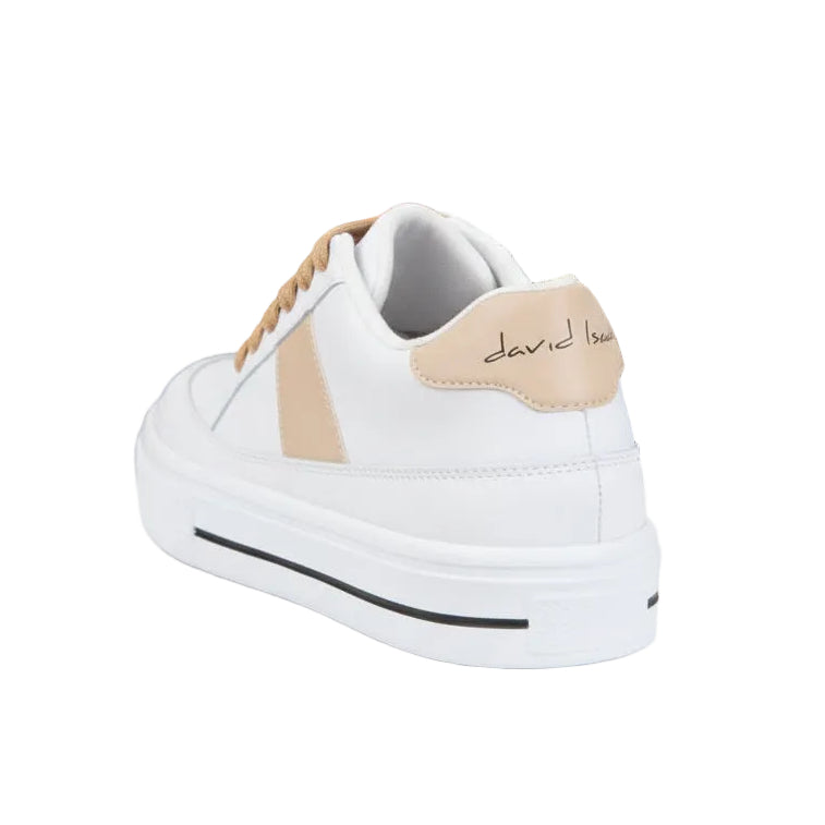 A pair of white and beige sneakers with lace-up closure and a rubber outsole.