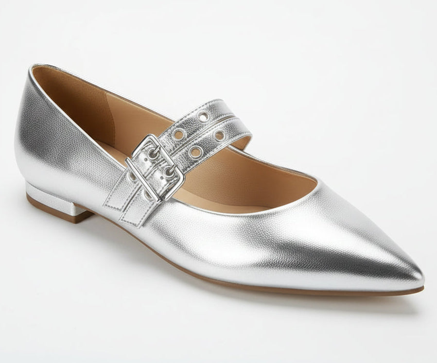 A silver pointed-toe flat shoe with a buckle strap.
