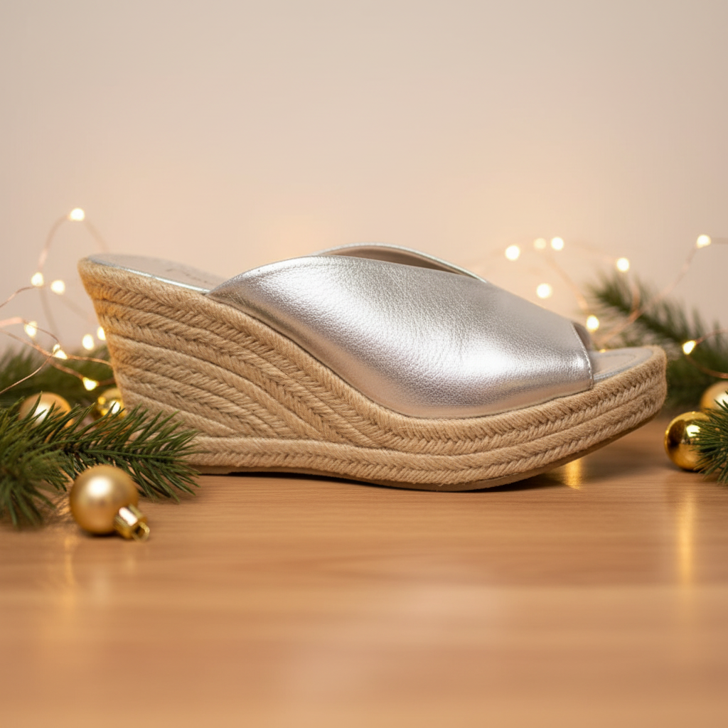 A silver espadrille sandal with a platform sole.