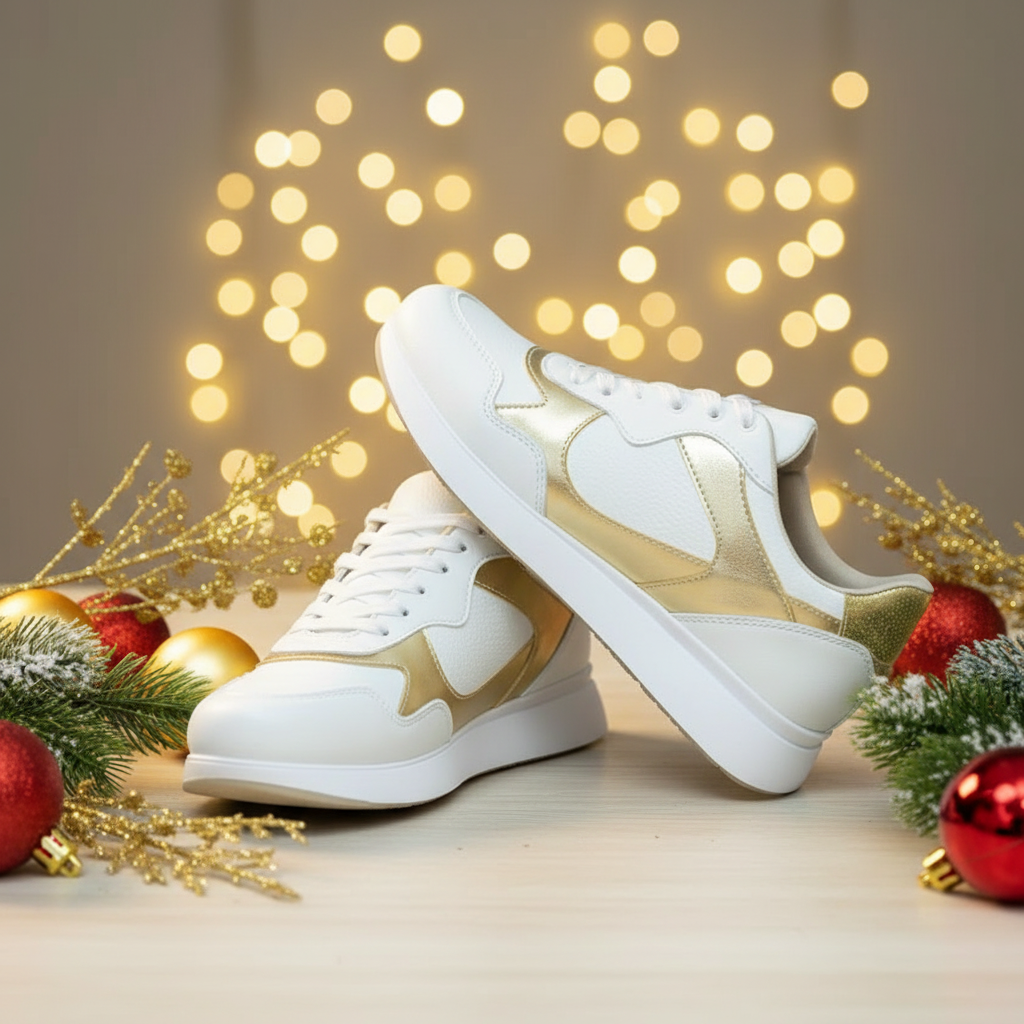 A pair of white sneakers with gold accents.