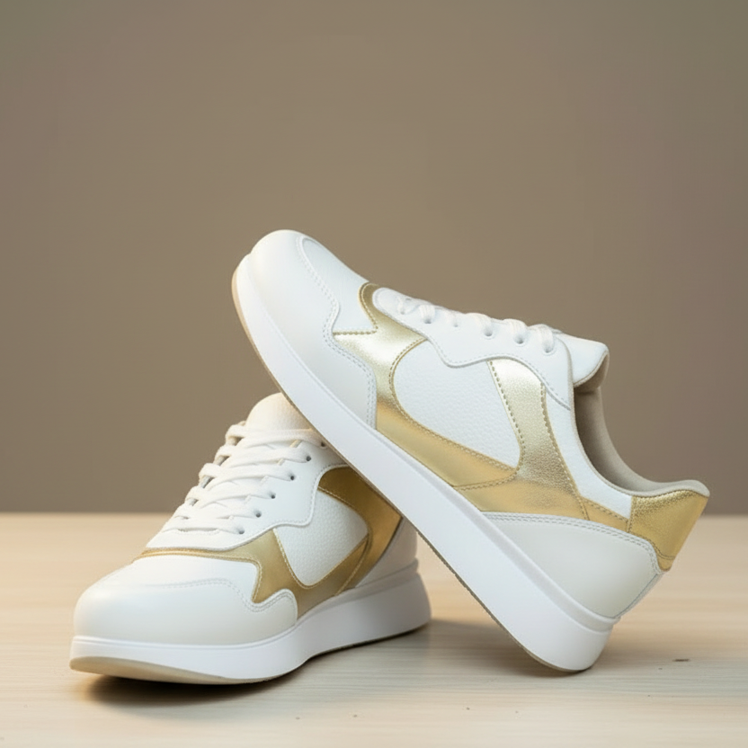 A pair of white sneakers with gold accents.