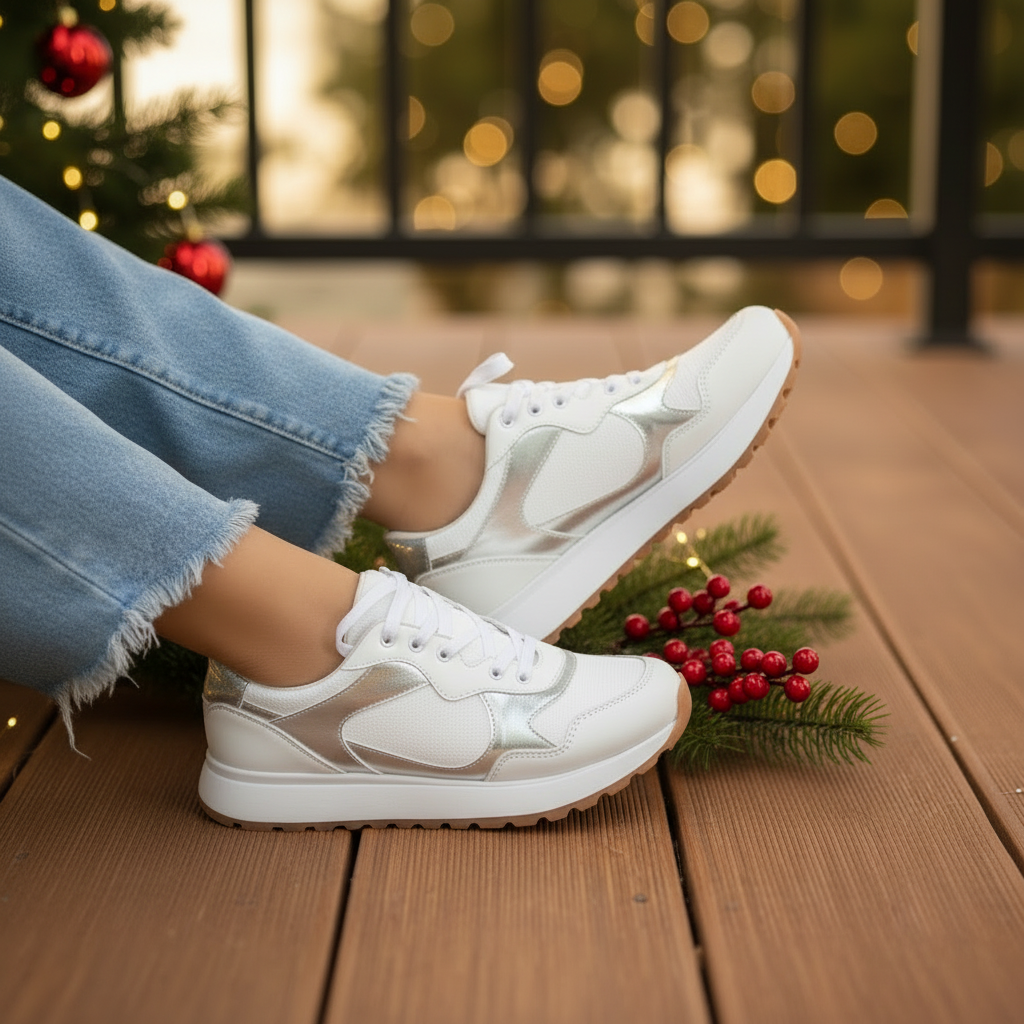 A pair of silver sneakers with white accents and silver detailing,.