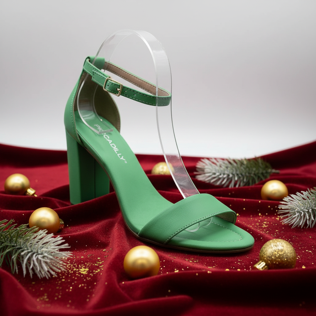 A pair of green sandals with adjustable straps and a flat, platform sole.