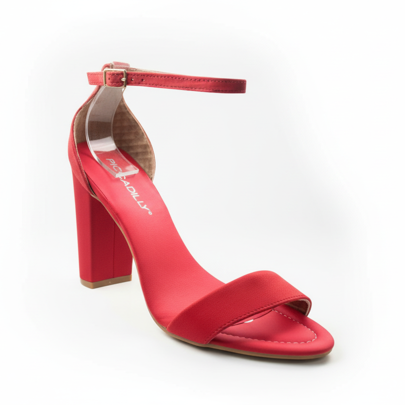 A red leather sandal with an ankle strap and a block heel.