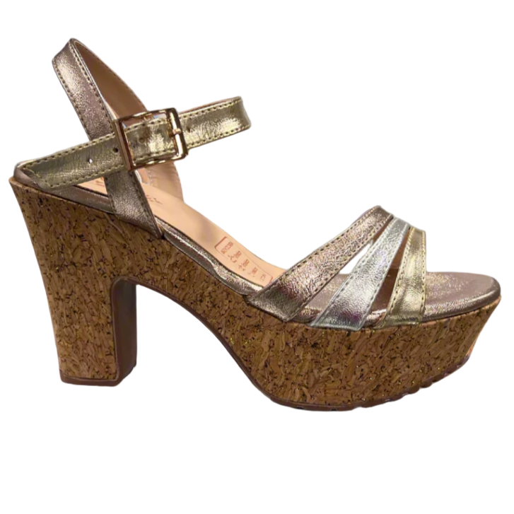 Gold platform sandal with cork sole.