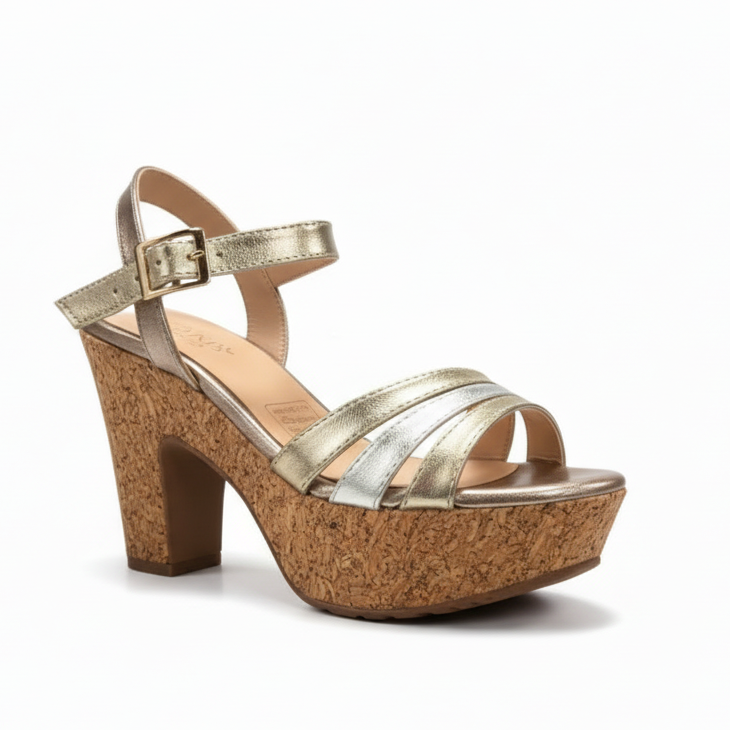 Gold platform sandal with cork sole.