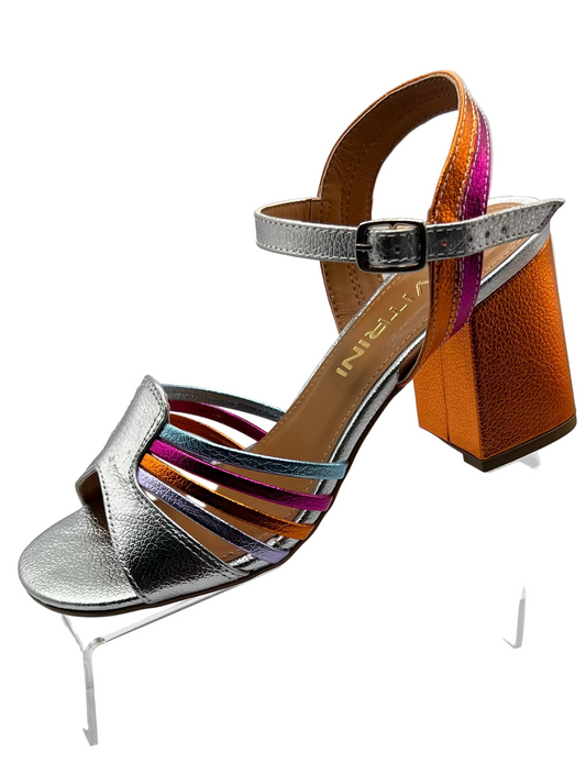 A metallic silver heel with orange and multicolored straps.